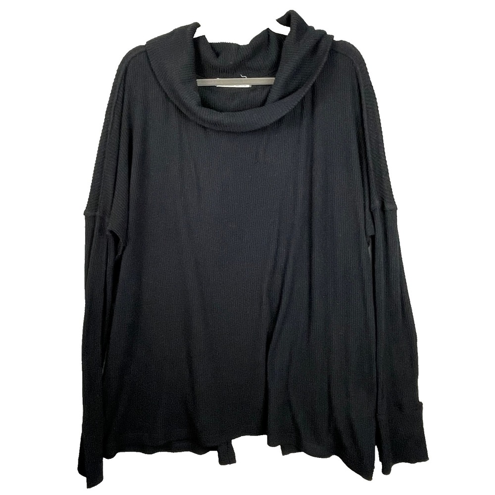 Free People Juicy Waffle Knit Top Womens Large Black Surplice Back Crowl Neck